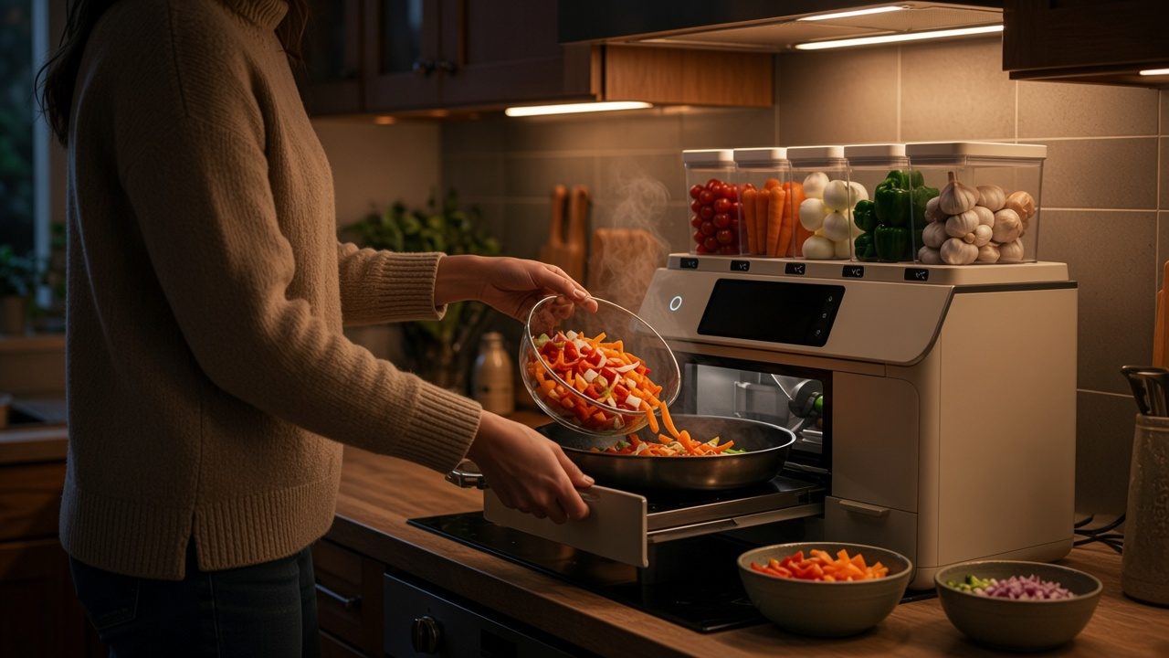 A woman tips freshly sliced peppers and carrots from a glass bowl into a hot pan. Prep sits beside her on the counter with its five bins of vegetables on top.