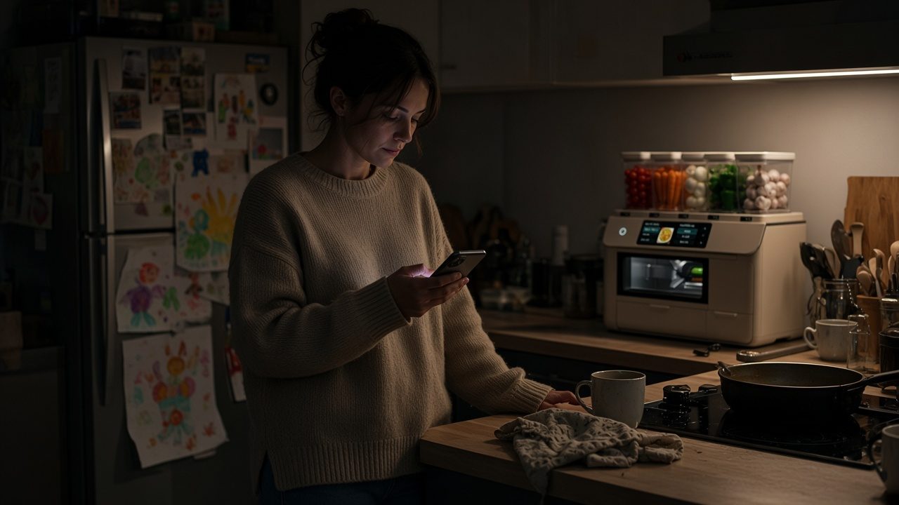A woman reads her phone in the kitchen in the evening. Prep is on the counter behind her.