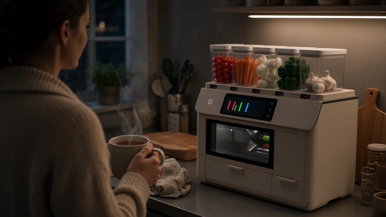 A woman with a mug of tea looks at Prep's touchscreen, which shows a bar for how much is left in each bin.