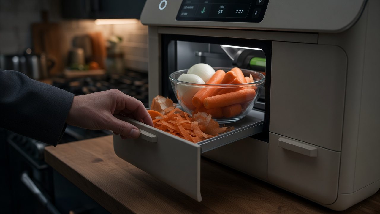 A hand pulls out Prep's side drawer full of carrot peel. Next to it, a glass bowl of peeled carrots and onions sits on the tray.