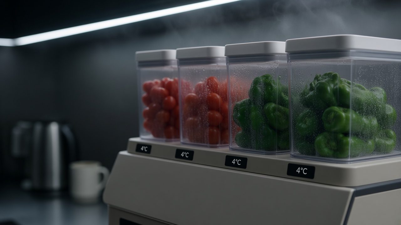 Close-up of Prep's clear bins of cherry tomatoes and green peppers, each with a small 4°C display, cold mist rising.