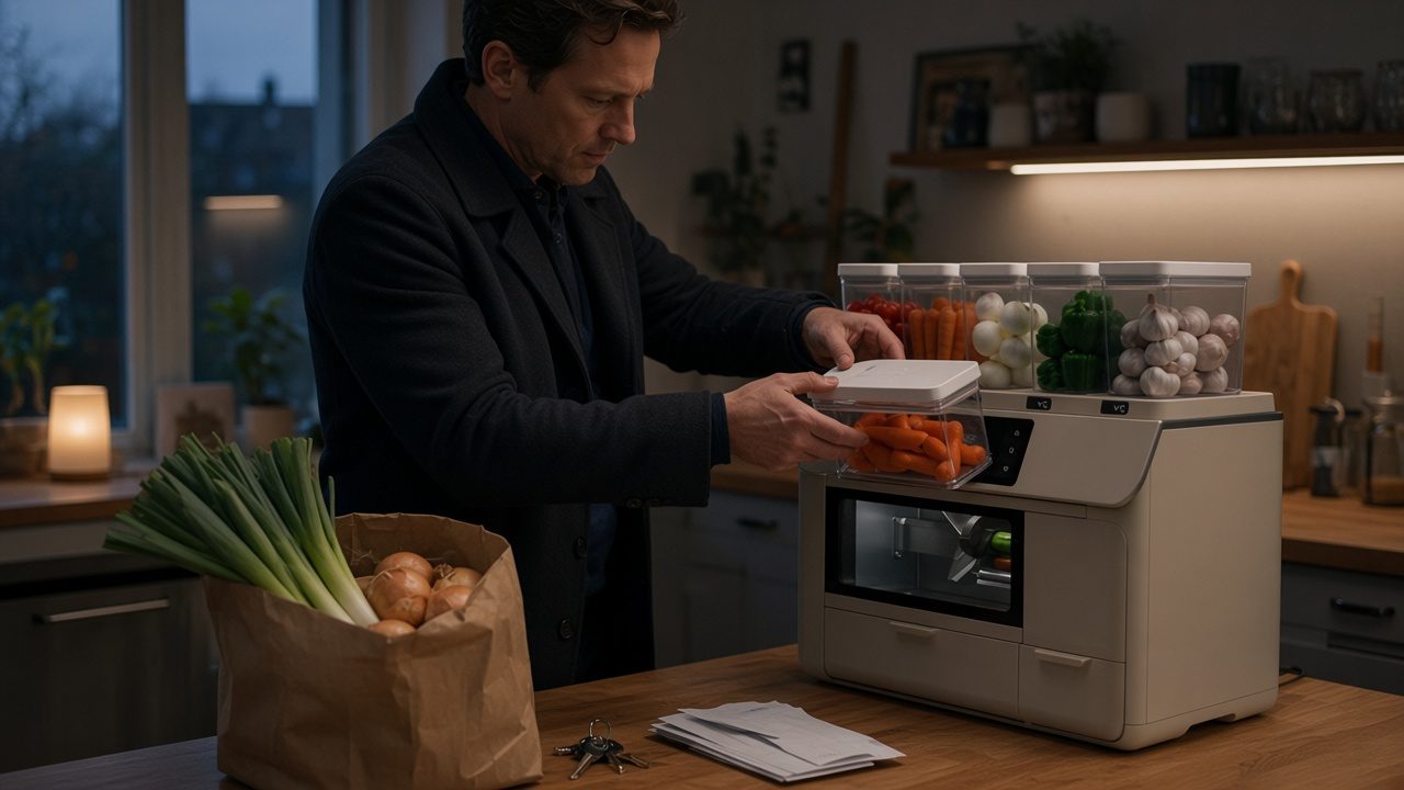 A man home from shopping, with leeks and onions in a paper bag, slots a bin of carrots back onto Prep.